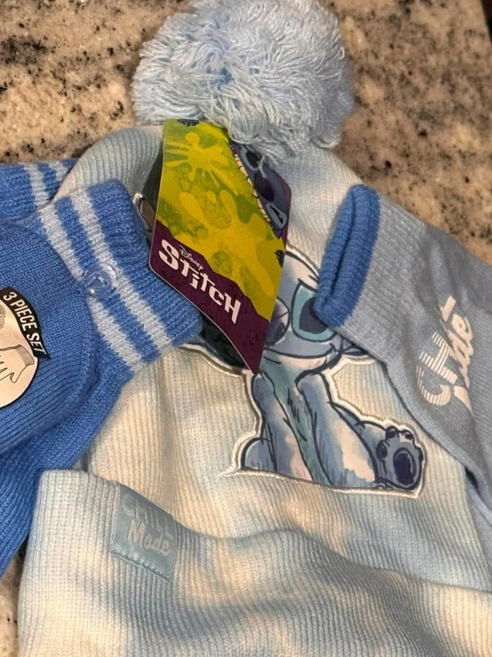 3pc Disney Light Blue Lilo & Stitch Knit Hat and Mittens Set